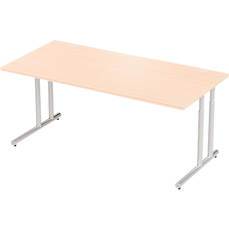 Rectangular office desk with light wood top and silver legs.