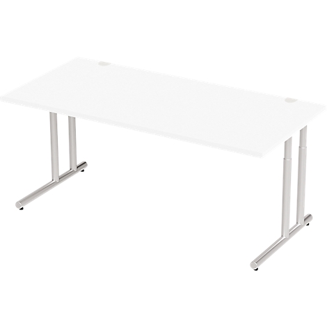 White office desk with silver legs. The design is minimalist and modern. Two round openings on the tabletop.