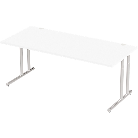 White desk with silver legs. The rectangular tabletop has two round holes.