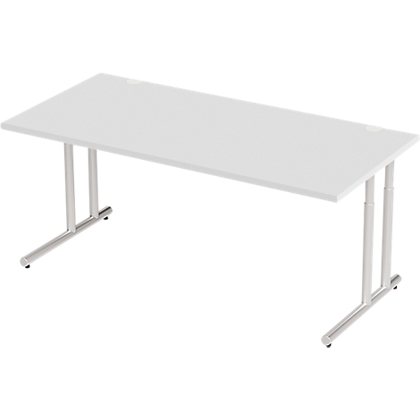White desk with chrome legs. The tabletop has a rectangular shape and looks smooth.