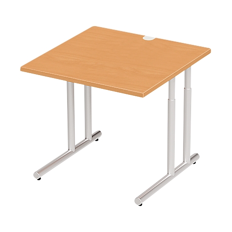 Small square table with light brown tabletop and silver legs.