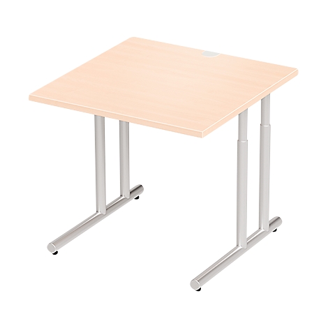 Square table with light brown top and silver legs. The table stands on a white background.