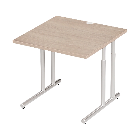 Small, square side table with a light brown tabletop and silver-gray, adjustable height legs.