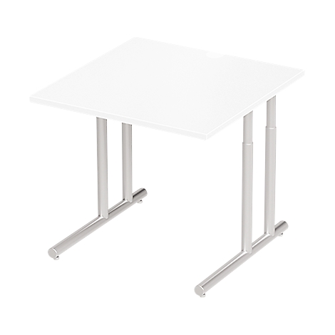 Square white table with silver legs. The design is minimalist and modern.