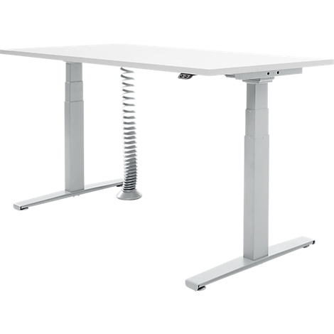 A white height-adjustable desk against a light background. A metallic hose runs to the middle of the table.