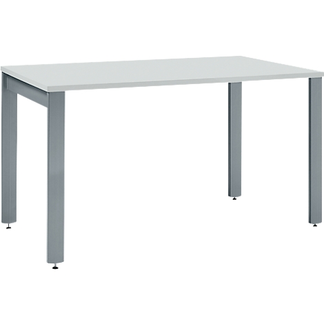 White table with gray metal legs, equipped with height-adjustable feet.