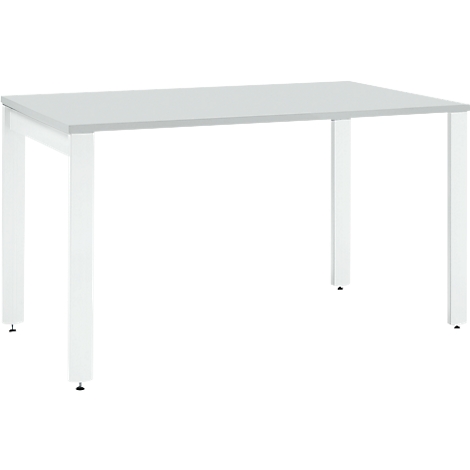 A white rectangular table with a light gray tabletop. Four white table legs, small black feet.