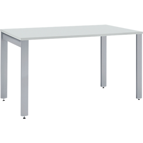 A rectangular white table with silver legs. The table legs have small, black adjustable feet.