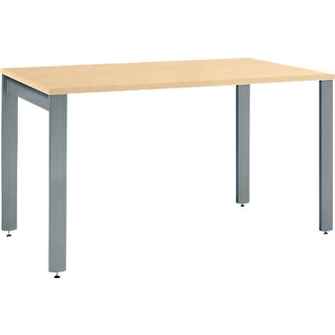 A rectangular table with a light brown tabletop and gray metal legs, on a white background.