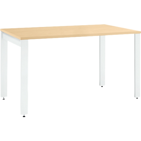 A rectangular table with a light wooden top and white legs.