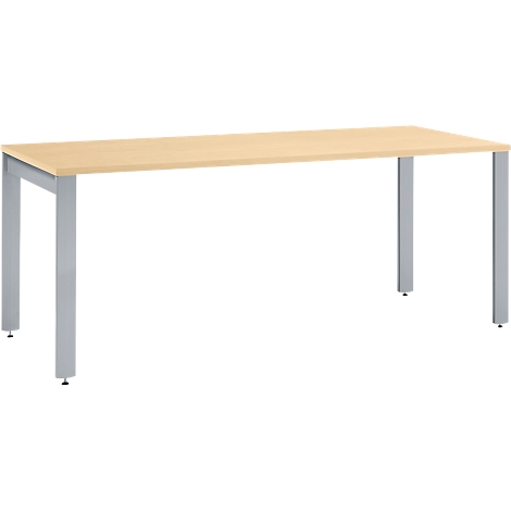 A light wooden table with silver legs stands against a white background.