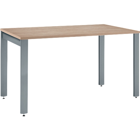 A rectangular, wood-colored table with gray metal legs. The legs have small, black feet.