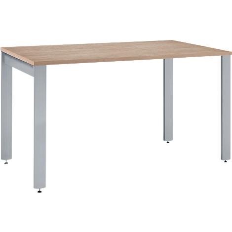 Rectangular table, light wood top, gray metal legs.