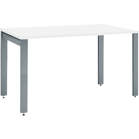 White table with gray legs. Rectangular tabletop, four vertical legs with adjustable feet.