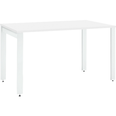 White table with a rectangular tabletop and four square legs.