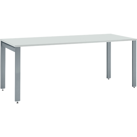 White office desk with gray metal legs. The table top is rectangular and the legs form a stable frame.