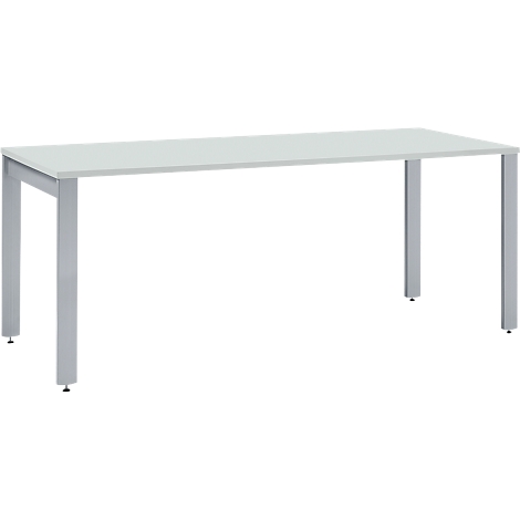 White table with silver legs. Rectangular tabletop. Four legs, each with foot caps.