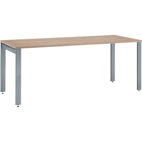 A rectangular table with a light brown tabletop and gray metal legs placed at the corners.