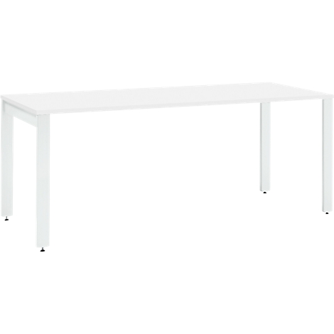 White table with a rectangular tabletop and four metal legs.