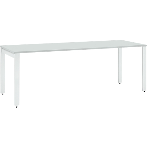 White table with a rectangular table top and white metal legs. There are black feet on the legs.