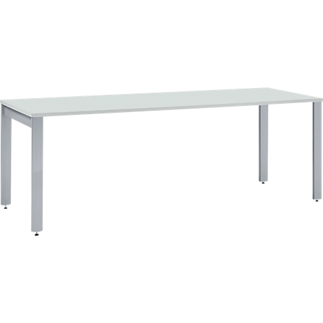 White table with silver legs on a white background.