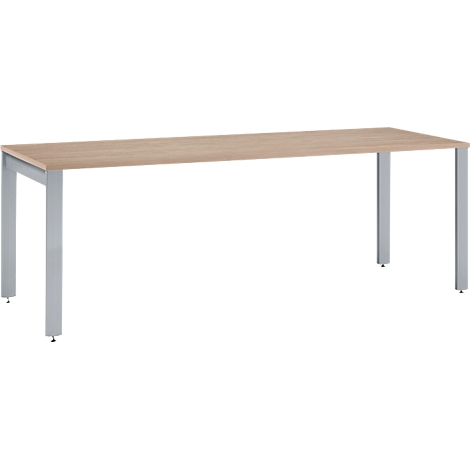 Long wooden table with light wood top and gray metal legs against a white background.