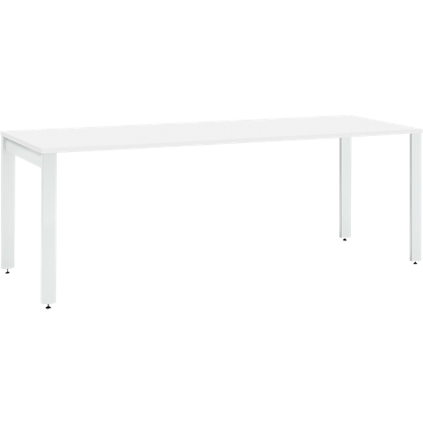 White table with a rectangular top and four slender legs.