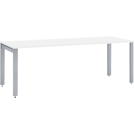 White table with metal legs standing on a white background.