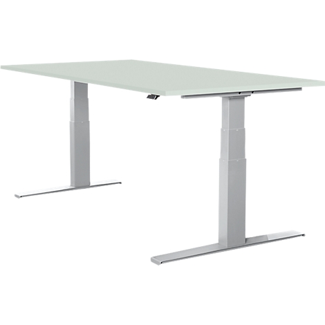 Height-adjustable desk, rectangular light table top, gray base.