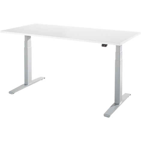 A white height-adjustable desk with silver legs.