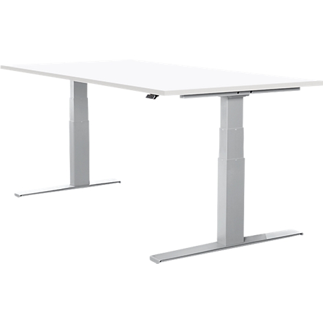 White height-adjustable desk against white background. The desk legs are grey and stand on a metal base.
