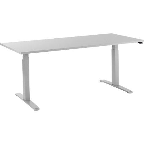A white, height-adjustable desk, in detail. Rectangular tabletop on gray-silver legs.