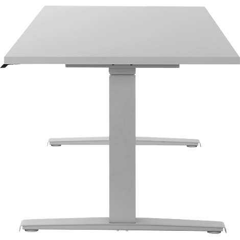 A gray height-adjustable desk with a square tabletop and a rectangular base.