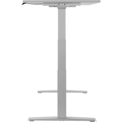 Light gray height-adjustable desk on a white background. The desk frame consists of a wide base, two legs and a table top.