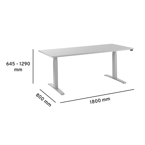 Light grey, height-adjustable desk with dimensions: 1800 mm, 800 mm and 645-1290 mm.