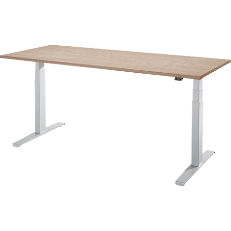 Light brown desk with white height-adjustable legs. The tabletop is rectangular, the legs are stable.