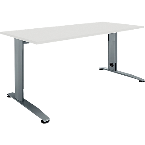 A white desk with a gray metal frame, depicted in perspective.