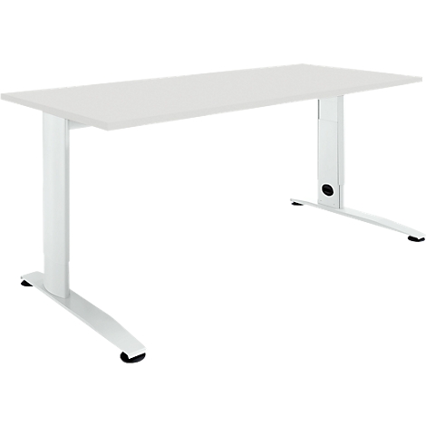 White rectangular desk with white legs. The table top is smooth, the legs are metallic.