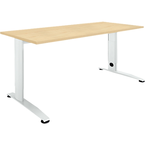 Light brown desk with white height-adjustable legs, against a white background.