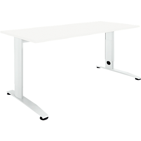 A white desk with two T-shaped legs connecting to the table.