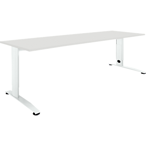 A white height-adjustable desk with a rectangular tabletop and two legs.