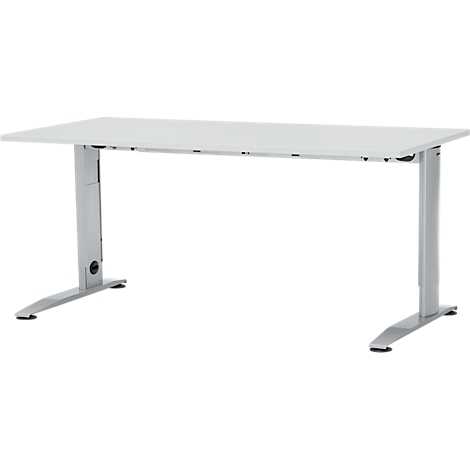 White height-adjustable desk, gray legs, rectangular tabletop, minimalist design.