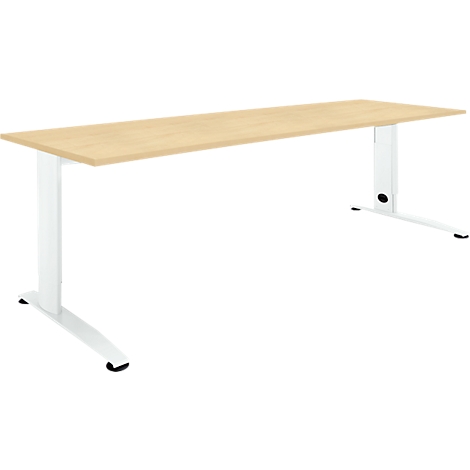 A light desk with a white frame. The tabletop is rectangular. The desk looks modern.