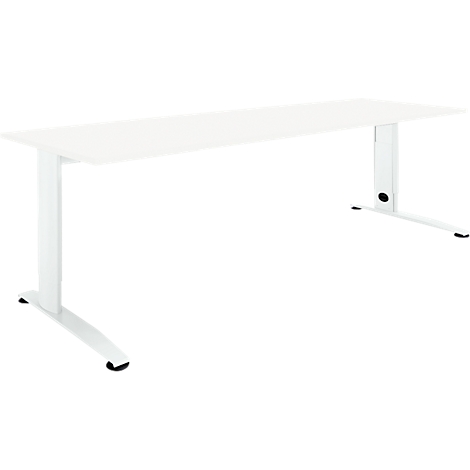 White height-adjustable desk on a white background. The tabletop and legs are white.