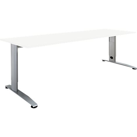 A white desk with metal legs, shaped like an inverted L.