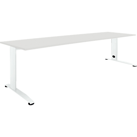 A white, height-adjustable desk with a rectangular tabletop and white metal frame.