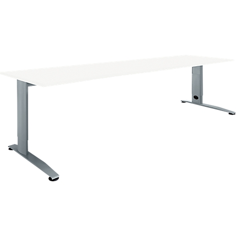 White desk with silver legs; the table stands upright against a white background.