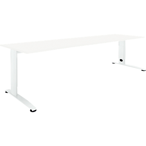 A white height-adjustable desk. The desk has a rectangular tabletop and two "T"-shaped legs.
