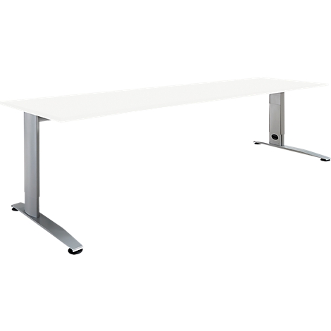 A white desk with silver legs against a white background.