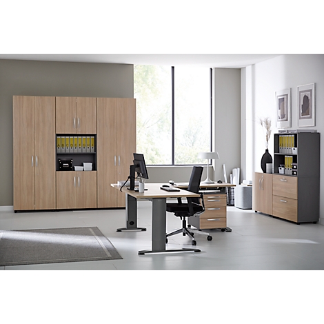 A modern office with a desk, filing cabinets, and chair. The image shows office furnishings with daylight.